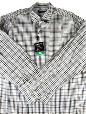 NWT- Men KIRKLAND tailored fit plaid cream brown blue long sleeve shirt Size XL